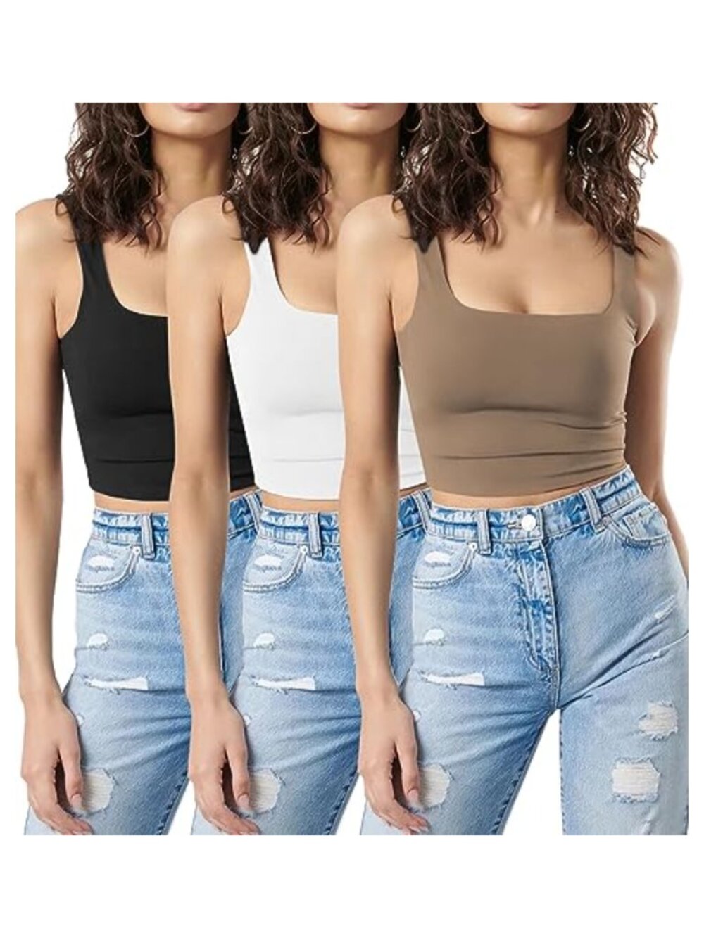 3 Pack Crop Tank Tops Women Sleeveless Square Neck Backless Double Lined Slim